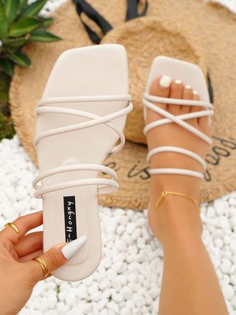 Fashionable Outdoors White Flat Slippers for Women, Criss Cross Plain Artificial Leather Open Toe Slide Sandals | SHEIN USA