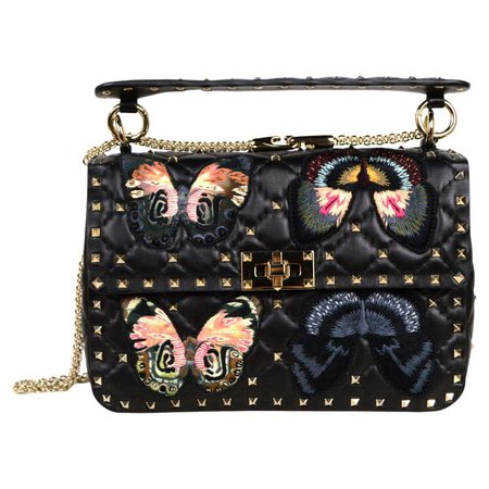 Valentino Black Leather Butterfly Embroidered Medium Rockstud Spike Bag rt $4045 For Sale at 1stDibs