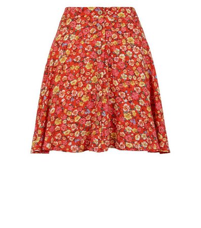 Red Floral Button Up Skater Skirt | New Look