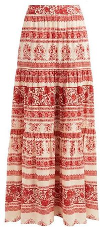 Western Orientalism Tiered Silk Maxi Skirt - Womens - Red Multi