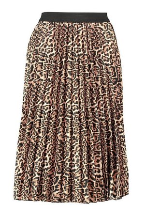 Leopard Satin Pleated Midi Skirt | Boohoo brown