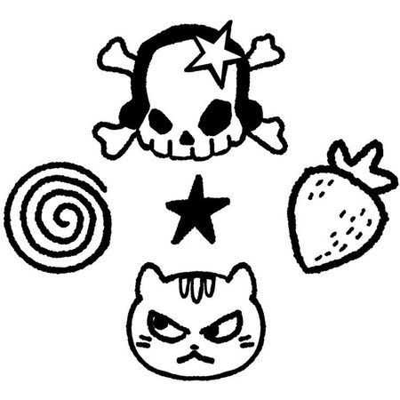 skull,spiral, strawberry, cat,