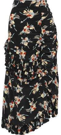 Asymmetric Floral-print Washed-silk Midi Skirt