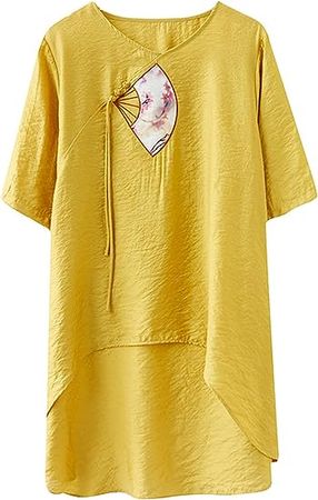 Women Vintage Linen Cotton Shirts Casual Short Sleeve High Low Tunic Shirt Tops at Amazon Women’s Clothing store