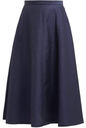 Herringbone Stripe Wool Blend Skirt - Womens - Navy