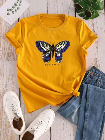 Butterfly & Letter Graphic Tee | SHEIN USA yellow