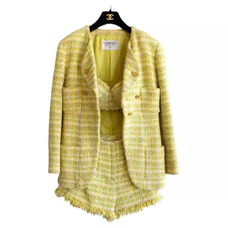 Iconic Chanel Vintage Spring 1994 Yellow Tweed Bra Shorts Jacket 94P Suit For Sale at 1stDibs