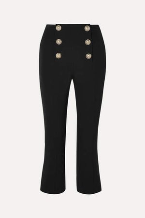 Cropped Button-embellished Wool-twill Bootcut Pants - Black