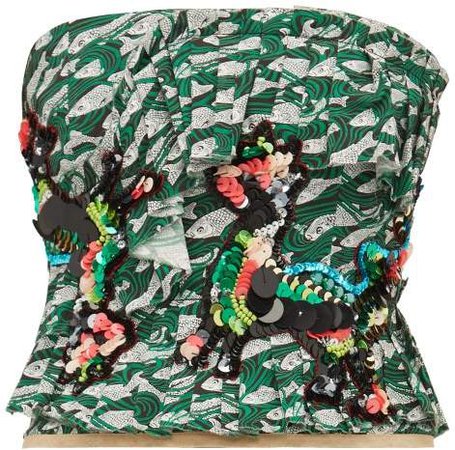 Matty Bovan - Sequinned Fish Print Poplin Bustier Top - Womens - Green Multi
