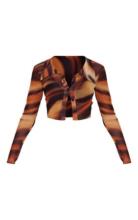 Orange Tiger Printed Mesh Crop Shirt | Tops | PrettyLittleThing USA
