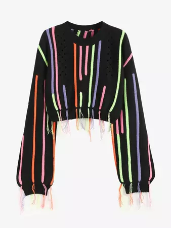 Women's See Through Openwork Tassels Colorblock Striped Drop Shoulder Cropped Sweater In BLACK | ZAFUL 2024
