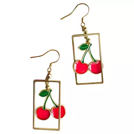 Red Cherry Rectangle Frame Pendant Hoop Rustic Retro Gold Drop Pierced Earrings For Sale at 1stDibs