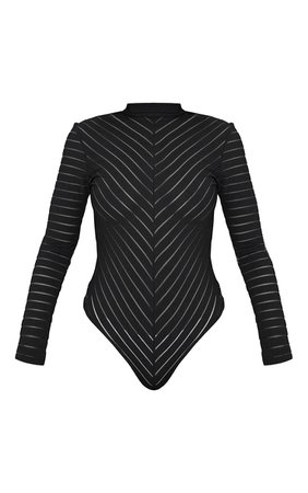 Black Chevron Mesh Long Sleeve Thong Bodysuit | PrettyLittleThing