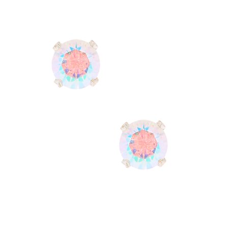 Silver Cubic Zirconia Aurora Borealis Round Stud Earrings - 5MM | Claire's