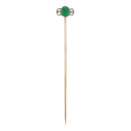 A French Art Deco Emerald And Diamond Stick-Pin