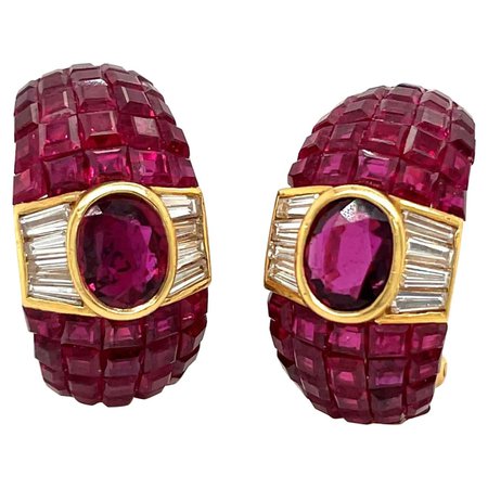 1980s 18kt Yellow Gold, Ruby, And Diamond Hoop Earrings