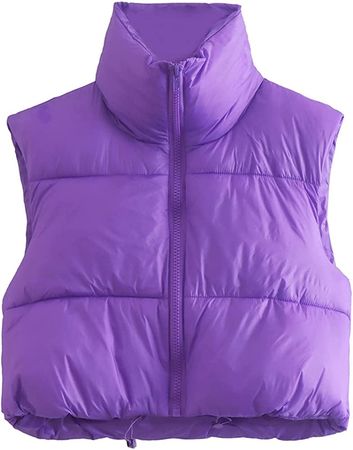 HOULENGS Women's Stand Collar Crop Puffer Vest Lightweight Sleeveless Winter Warm Outerwear Puffer Vest Padded Gilet Purple X-Small at Amazon Women's Coats Shop
