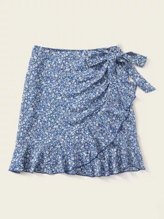 Ditsy Floral Tie Side Ruffle Hem Skirt | SHEIN USA blue