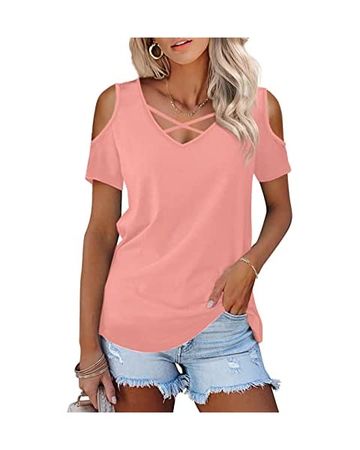 Amoretu Women Casual Lace Up Summer Tops Short Sleeve V Neck Tee Shirts(Pink,S) at Amazon Women’s Clothing store