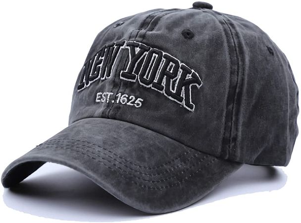 New York Cotton Baseball Cap Distressed Adjustable Strapback Vintage Washed Sun Dad Hat for Men Women Teens Kids Black