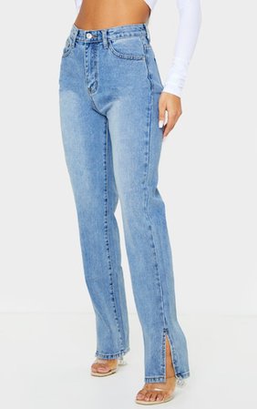 Mid Blue Wash Split Hem Straight Leg Jeans | PrettyLittleThing