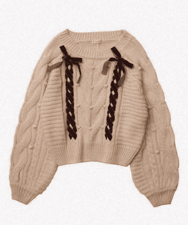 Brown/Coffee/Beige/Nude Cable Sweater With Ribbons