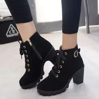 Autumn Winter Women Lady PU Leather High Heel Martin Ankle Zipper Boots Shoes Black | Lazada PH