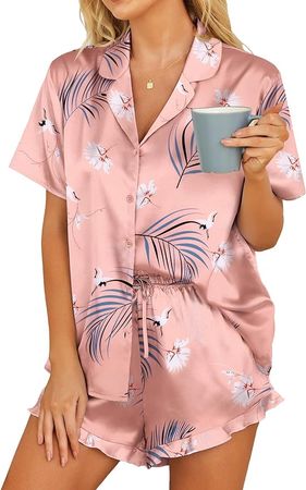 HOTOUCH 2 Piece Silk Pajamas Womens Satin Sleep Set Plus Size Pjs Shorts Set Short Sleeve Bridesmaid Sleepwear at Amazon Women’s Clothing store