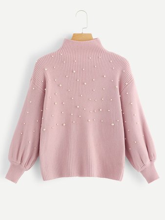 Pearl Beaded Lantern Sleeve Ribbed Sweater | SHEIN