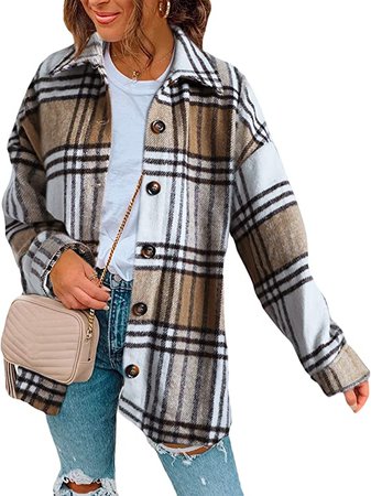Yeokou Womens Fall Flannel Plaid Shacket Jacket Wool Blend Button Down Shirt Coat Tops(#2 Grey-XL) at Amazon Women’s Clothing store
