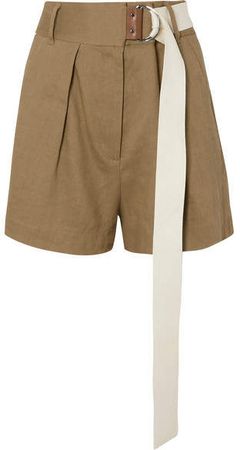 Pleated Belted Linen-blend Twill Shorts - Army green