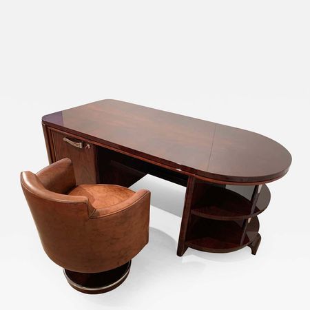 Art Deco Executive Desk and Leather Swivel Chair, Rosewood Veneer, France, 1930s For Sale at 1stDibs