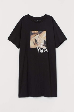 T-shirt Dress with Motif - Black