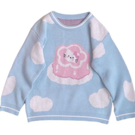Pastel Blue Fluffy Hello Kitty Cloud Sweater