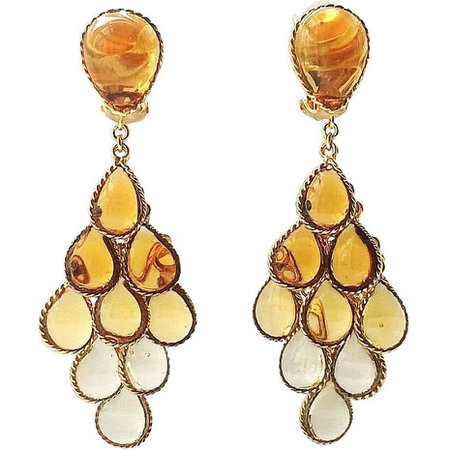 Graduated topaz to citrine poured glass and gilt articulated drop earrings For Sale at 1stDibs