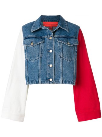 Denim jacket with one white sleeve and one red sleeve
