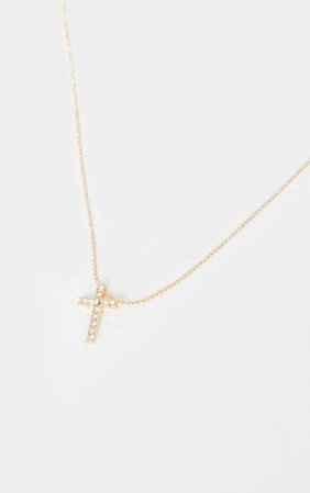 Gold Diamante Mini Cross Necklace | PrettyLittleThing USA