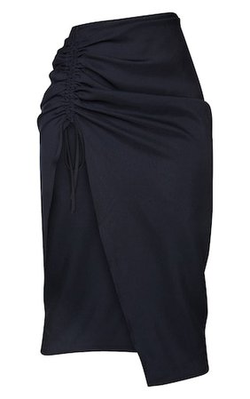 Black Woven Ruched Detail Midi Skirt | PrettyLittleThing USA