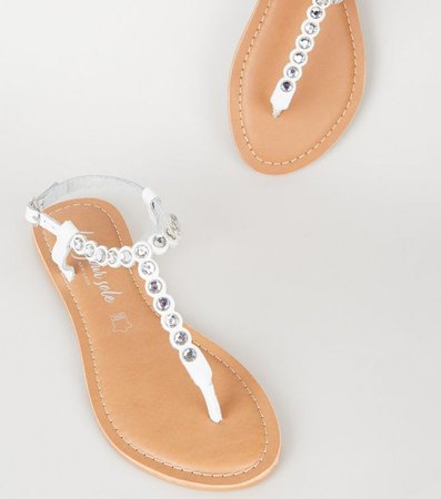 White Leather Gem Embellished Flat Sandals | New Look