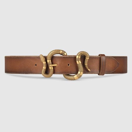 Brown Leather Leather belt with snake buckle | GUCCI® US