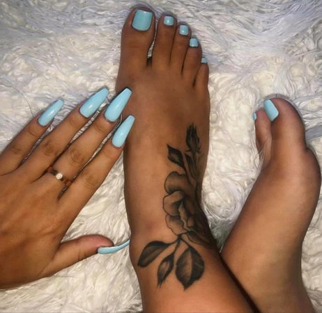 blue mani pedi, rings, toe rings, tattoo, nails