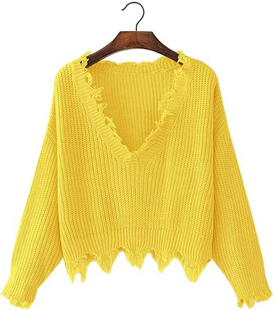 Amazon.com: Arjungo Women's Solid V Neck Ripped Hem Long Sleeve Frayed Sweater Knitted Pullover Crop Top Yellow: Clothing