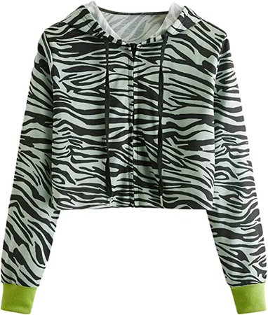 MakeMeChic Women's Long Sleeve Cropped Jacket Zip Up Hoodie Sweatshirt Multi Striped L at Amazon Women’s Clothing store