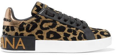 Logo-embellished Flocked Textured-lamé And Leather Sneakers - Leopard print