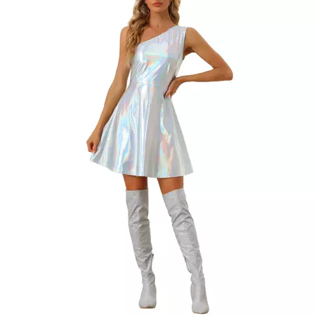 Allegra K Metallic Sleeveless Dress for Women's One Shoulder Party Disco Holographic Dresses - Walmart.com