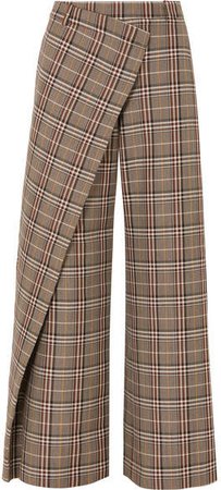 Wrap-effect Checked Wool-blend Canvas Wide-leg Pants - Tan