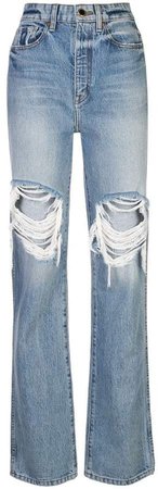 high-waisted distressed jeans