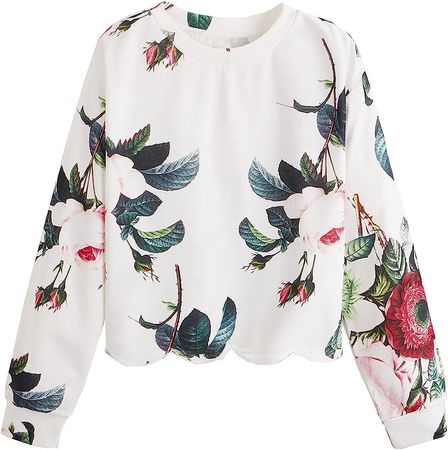 Romwe Women's Casual Long Sleeve Scalloped Hem Crop Tops Sweatshirt White Floral XL at Amazon Women’s Clothing store