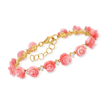 Pink Coral and 1.40 ct. t.w. White Topaz Rose Bracelet in 18kt Gold Over Sterling. 8" | Ross-Simons
