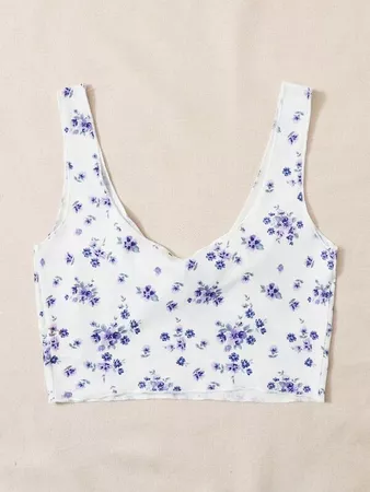 Knot Front Ditsy Floral Crop Tank Top | SHEIN USA white